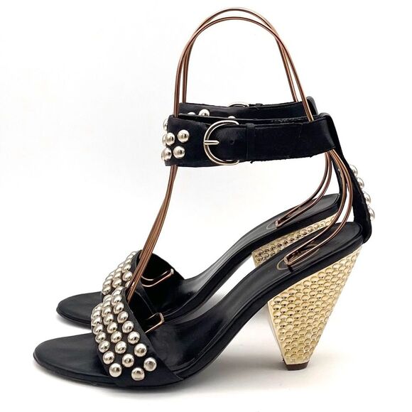 ASH Gold Studded Black Leather Ankle Cuff Heeled Strappy Sandals Size 38 | US 7 - Picture 5 of 16